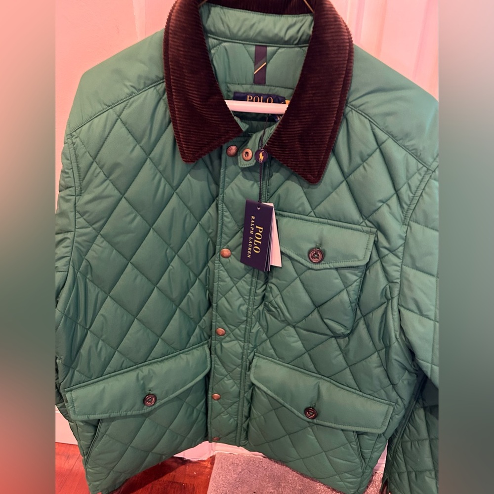 Polo Green Quilted Jacket with Brown Collar